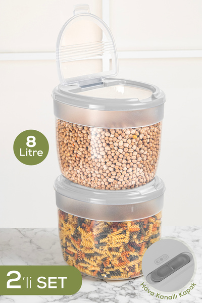 Vienev عبوة من قطعتين سعة 8 لتر من البلاستيك للتخزين – بغطاء رمادي فاتح