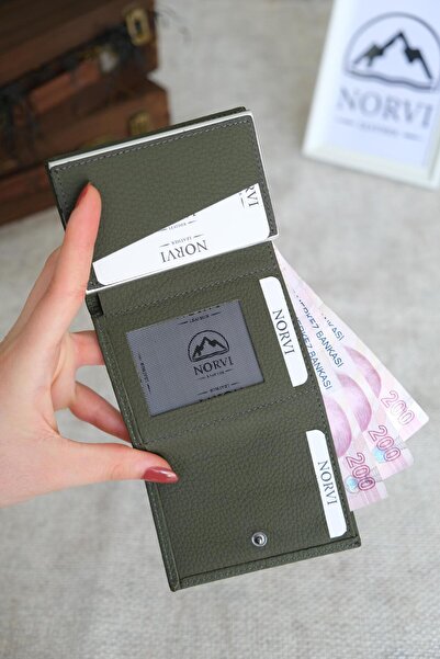 Norvi Leather Mechanism Automatic Genuine Leather Card Holder Khaki Green 1041