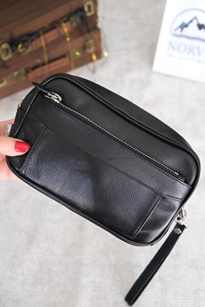 Norvi Leather حقيبة يد من الجلد الطبيعي مع مقابض متعددة الأقسام باللون الأسود...