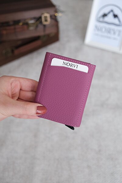 Norvi Leather Mechanism Automatic Genuine Leather Card Holder Pink 1041