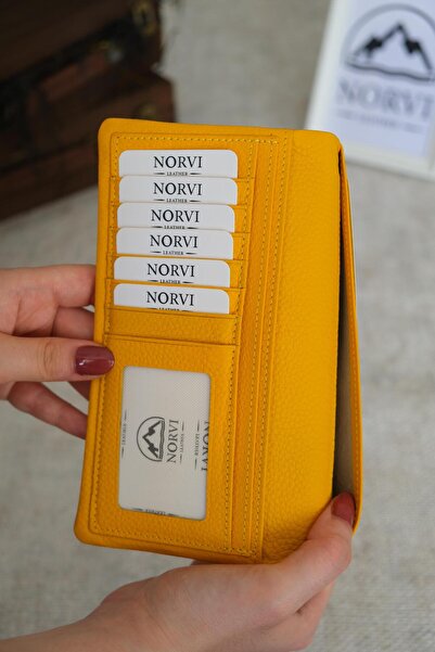 Norvi Leather Telefon Bölmeli Hakiki Deri Kadın Cüzdan Sarı 1055