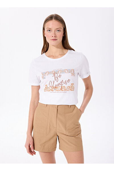 Fabrika Bisiklet Yaka Baskılı Kırık Beyaz Kadın T-Shirt F5SL-TST0176