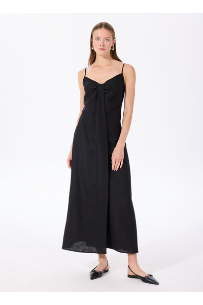 Fabrika Siyah Kadın V %100 Keten Elbise F5SL-ELB0022