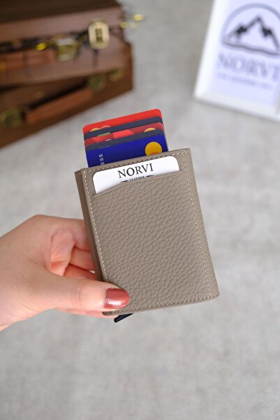 Norvi Leather Mechanical Automatic Genuine Leather Card Holder Mink 1041