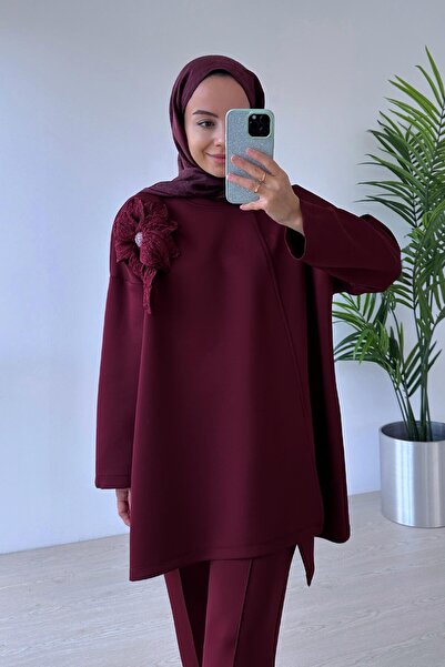Ka Hijab Floral Asymmetrical Cut Scuba Suit - Claret Red