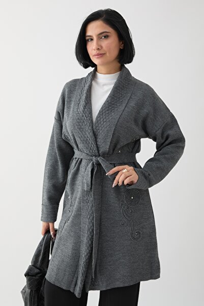InStyle Collar Patterned Embroidered Anthracite Knitwear Jacket