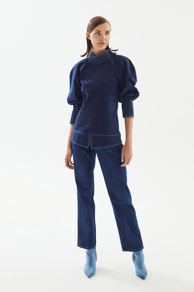 2be4a Kadın Balon Kollu Denim Bluz