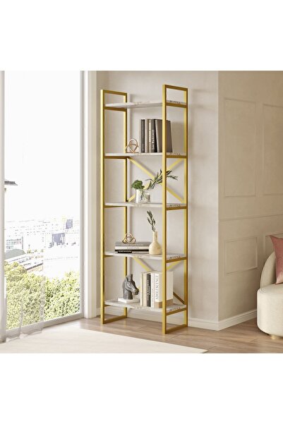 Yurupa Atlantis 175cm Gold Metal Kitaplık 5 Raflı Mermer Desen ATL3-GE