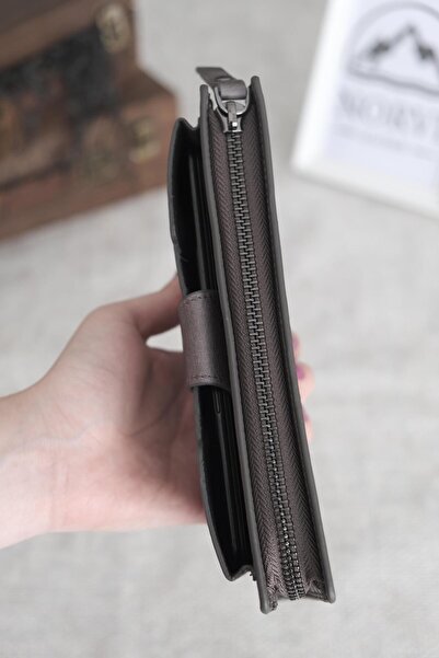 Norvi Leather Genuine Leather Zippered Wallet with Phone Compartment Gray 1163