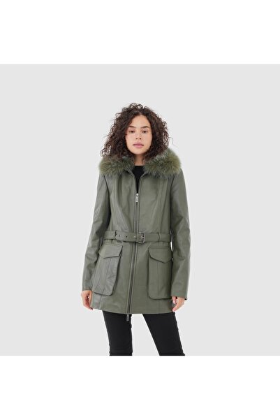 TOGO Haki Yeşil Hakiki Deri Kürk Yaka Kemerli Kadın Deri Mont [810047]