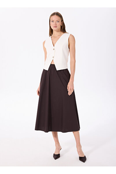 Fabrika Lastikli Bel Kahve Kadın Düz Midi Etek F5SL-ETK0041