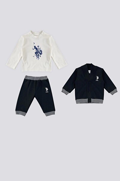 U.S. Polo Assn. U.S. Polo Assn Lacivert Melanj Çıtçıtlı Çizgili Ribana Detay Bebek 3Lü Takım