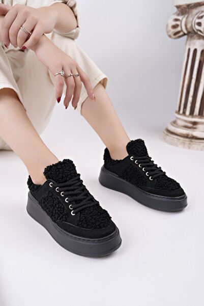 MUGGO Fleecy Thick Sole Lace-Up Plush Detailed Women's Winter Sneaker Sports Shoes