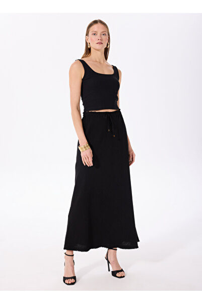 Fabrika Lastikli Bel Siyah Kadın Düz Midi Etek F5SL-ETK0049