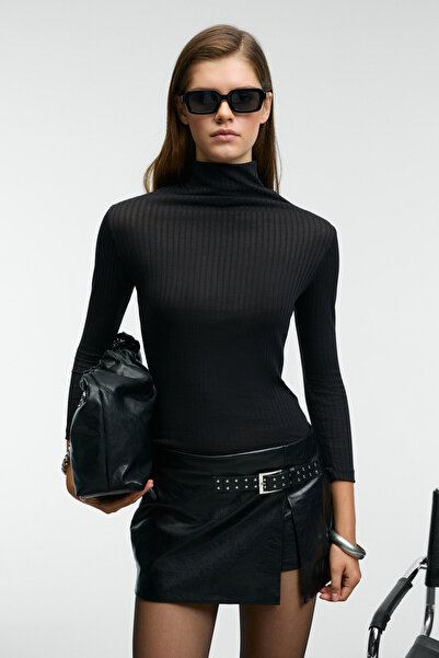 GRIMELANGE Neloura Women's Turtleneck Stretchy Fabric Black Blouse