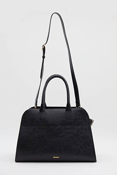 BE BLUE Black Belted Leather Tote Bag
