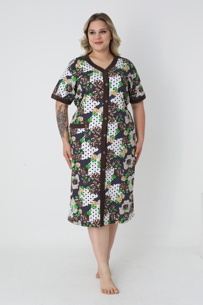 ROMEO LİFE Γυναικείο καλοκαιρινό φόρεμα με κουμπιά από βαμβακερό χτενισμένο ύφασμα - Εκρού-Πράσινο 4180