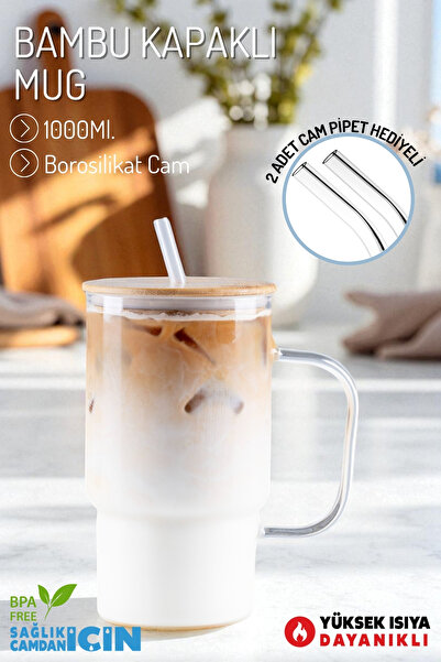 Nandy Home Bambu Kapaklı, Borosilikat Cam Mug, Cam Pipet  1Lt.