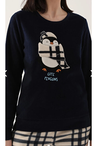 Arnetta Cute Penguins Lacivert Kadın Uzun Kol Pijama Takım