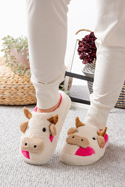 Slipcat Papuci de casă din pluș pentru femei, cu figurină de bou, cu talpă silențioasă