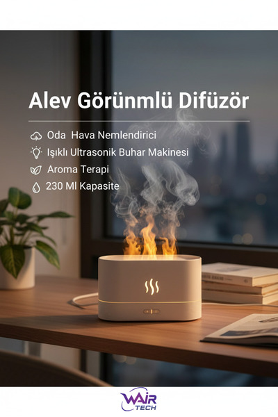 Wair Teknoloji Alev Görünümlü Difüzör Oda Hava Nemlendirici Işıklı Ultrasonik...