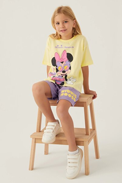 Minnie Mouse Lisanslı D4888 Glasses T-shirt Ve Şort Alt Üst Kız Çocuk Takımı Sarı