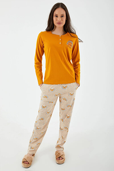 Arnetta Yakası Düğmeli Hardal Kadın Uzun Kol Pijama Takım