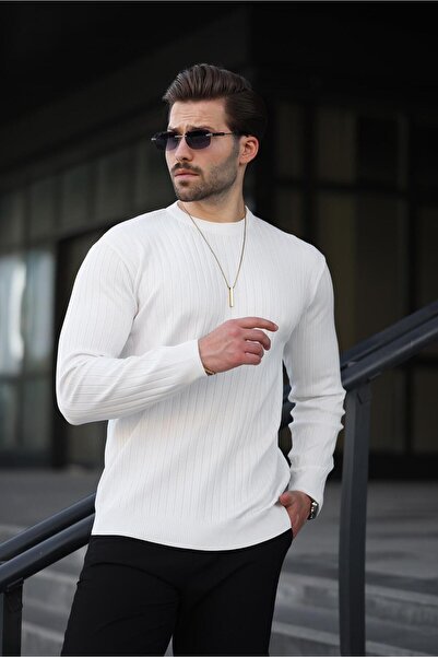 Madmext Λευκό μακρυμάνικο πουλόβερ με ριγέ λαιμόκοψη E7273