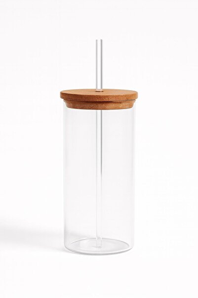 Noah Exclusive 400 Cc Borosilicate Cold Coffee and Soft Drink Glass with Bamboo Lid and Straw (2 Pieces)