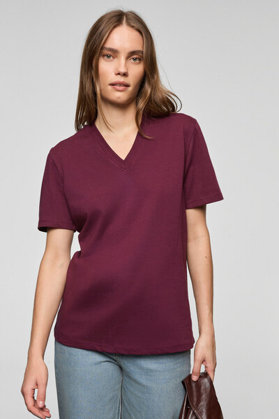 GRIMELANGE Aline Women's 100% Organic Cotton Deep V-Neck Comfort Fit Burgundy T-Shirt