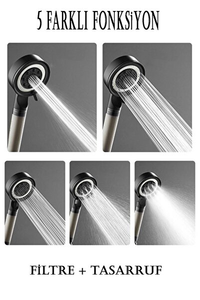 KUSTAR 5 Fonksiyonlu Çelik Su Tasarruflu Filtreli Turbo Jet Duş Başlığı Siyah