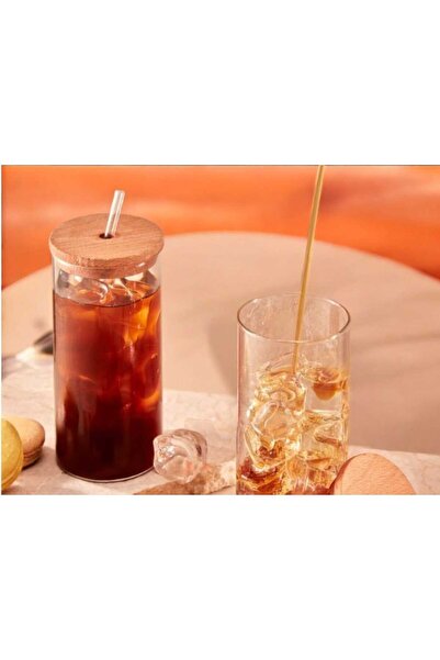 Noah Exclusive 400 Cc Borosilicate Cold Coffee and Soft Drink Glass with Bamboo Lid and Straw (2 Pieces)