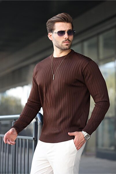 Madmext Καφέ ριγέ μακρυμάνικο πουλόβερ με λαιμόκοψη E7273