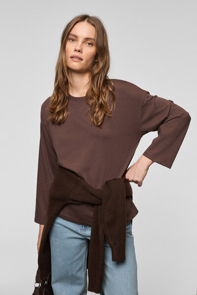 GRIMELANGE Basil women's oversize 100% organic cotton knitted long sleeve dark brown t-shirt