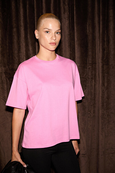 GRIMELANGE Lagertha women's 100% organic cotton thick textured oversize fit round neck pink t-shirt