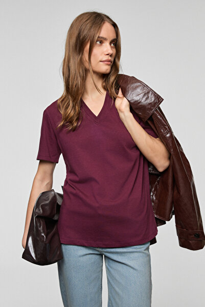 GRIMELANGE Aline Women's 100% Organic Cotton Deep V-Neck Comfort Fit Burgundy T-Shirt