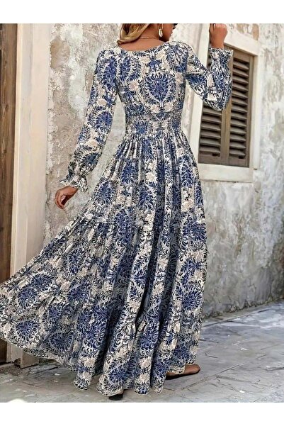 JANES Rochie de damă cu mâneci lungi, cu decolteu în V, cu model