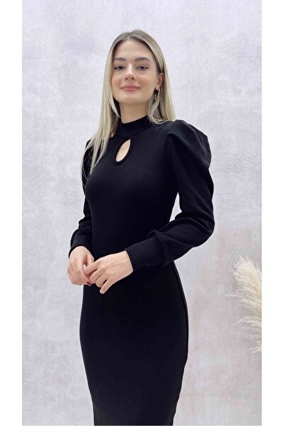 WOMAN VISION Rochie neagră cu mânecă lungă, lungime midi, țesătură acrilică elastică, design pentru femei 015