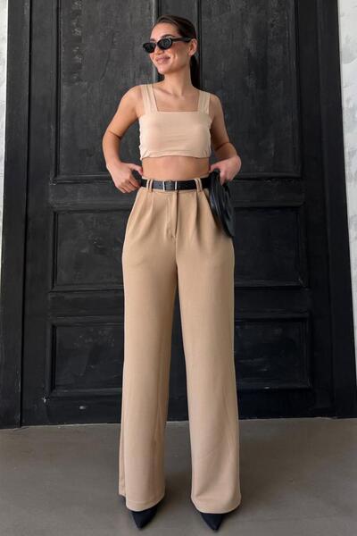 Madmext Bej Çift Pileli Kemerli Pantolon Mg2330