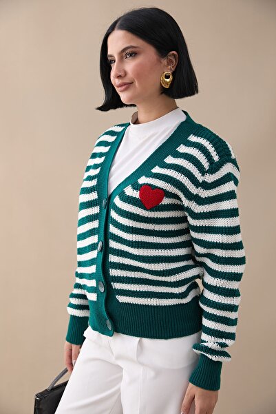 InStyle Σμαραγδένια Πράσινη Πλεκτή Ζακέτα με Καρδιά Ρίγα