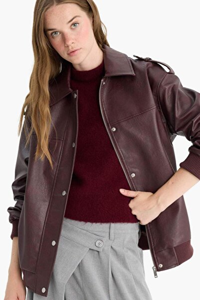 DeFacto Dad Fit Polo Yaka Fermuarlı Suni Deri Mont F4757AX25WN