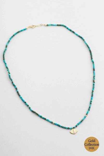 So CHIC... Deniz Kabuğu Figürlü Turkuaz Taşlı 42 Cm 14 Ayar Altın Kolye