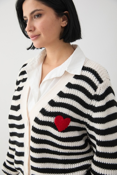 InStyle Heart Striped Ecru Knitwear Cardigan