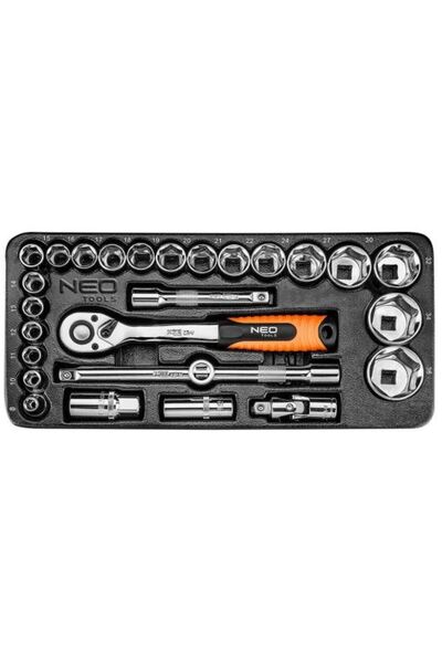 NEO Short socket set with ratchet, for mobile cabinet, 1/2&#8243;, 8-36 mm, 27 pieces,