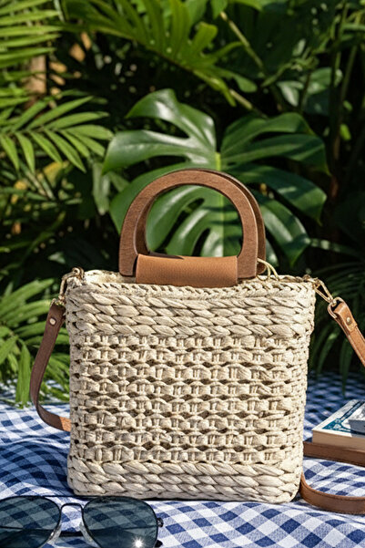 FASHION COCKTAIL Geantă de mână de vară cu șnur de paie și mâner din lemn - c...