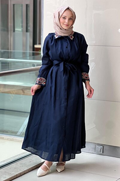 Ghisa Linen Dress with Sequin Beading on Collar and Sleeve Tips