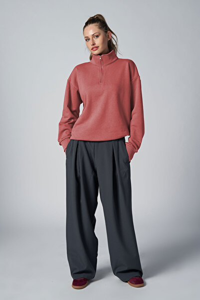 bilcee Peak Kadın Rouge Oversize Fermuarlı Yaka Sweatshirt 7012