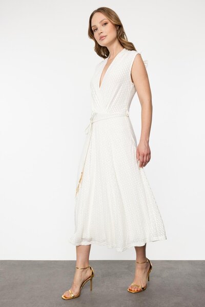 Ekol Self Print Sleeveless Dress with Rope Belt