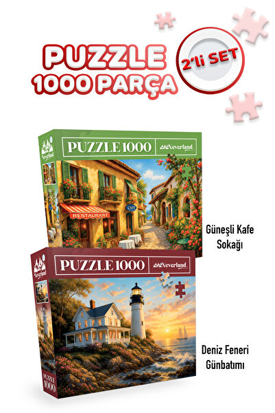 Neverland 2 ADET 1000 PARÇA PUZZLE -GÜNEŞLİ KAFE SOKAĞI VE DENİZ FENERİ GÜNBA...