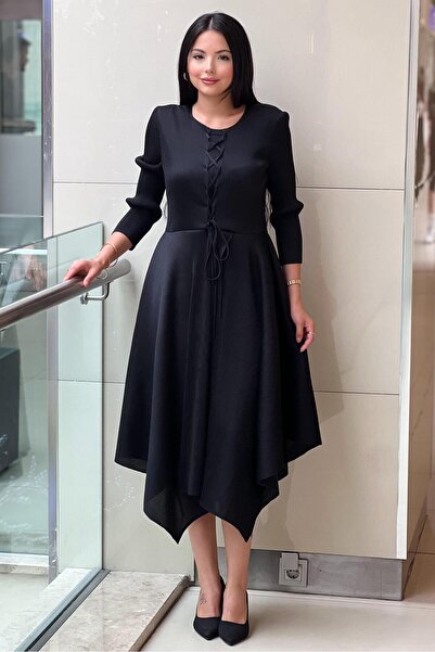 Mahal Asymmetrical Cut Accordion Midi Dress with Cross Tie Detail